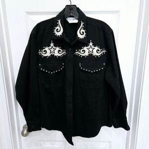 Vnt Zone Blu New York Rhinestone Studded Western Rodeo Demin Black Shirt Size M